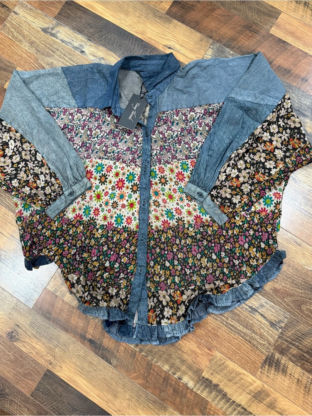 Young Threads Patchwork Floral Button-Up Blouse in Blue Multi